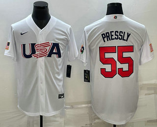 Men%27s USA Baseball #55 Ryan Pressly 2023 White World Baseball Classic Stitched Jerseys